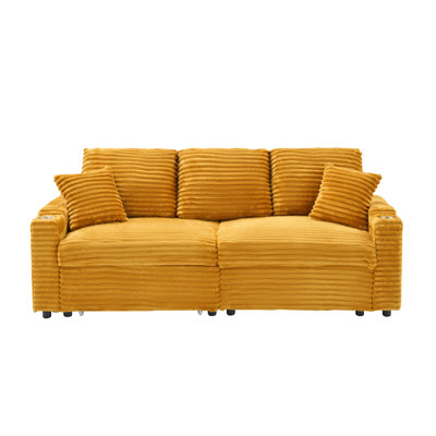 (La section principale gauche du canapé) Canapé multifonctionnel en velours côtelé 80 po avec inclinaison cachée, conception peu encombrante, accoudoirs, porte-gobelets et repose-pieds amovible, orange