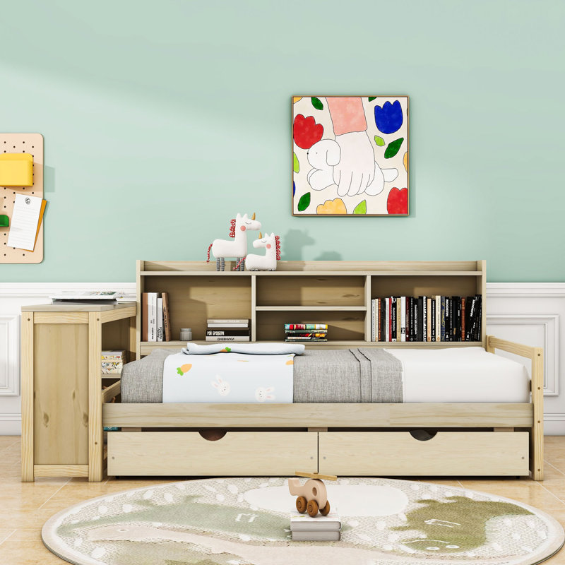 Twin Size Wooden Daybed with Built-in Bookcase and Desk,Drawers, Natural