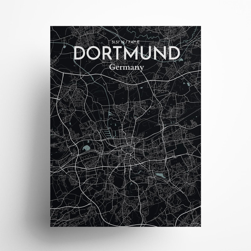 Dortmund City Map in Midnight 1 Piece Wall Art, 24cm H x 18cm W x 0.05cm D