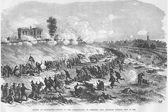 " Battle Of Gettysburg At Cemetery Hill " by Frank Leslie, 28" H x 42" W x 1.5" D