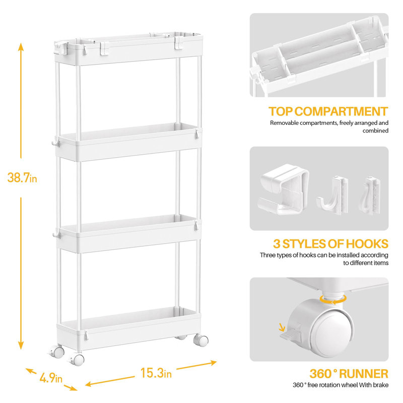 Slim Storage Cart 4 Tier,Bathroom Storage Organizer Rolling Utility Cart, Mobile Shelving Unit Slide Out Storage Cart, White