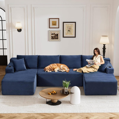 Canapé surdimensionné de 133 po en forme de nuage sans dossier avec méridienne, canapé modulaire en forme de U en velours côtelé avec siège profond 133 po, canapé confortable avec porte-gobelets et rangement, aucun assemblage requis - vert