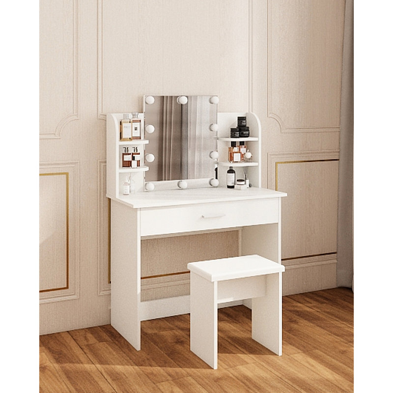 Adjustable Mirror One Drawer Vanity Table, Spacious And Shelves, Comfortable Seating, Modern White Look, Particle Board + , 15.55 In Width, 49.4 Height Table With Drawer, Mirror, Design, Ancient