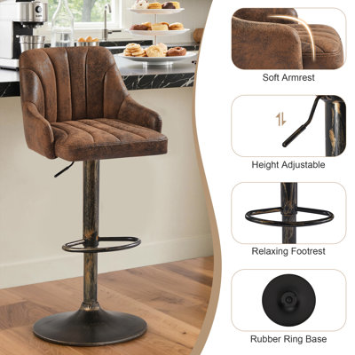 George Bar Stools Set of 2, Adjustable Swivel Barstools, Faux Leather Bar Chairs, Upholstered Counter Height with High Backrest Stool for Kitchen Island, Brown