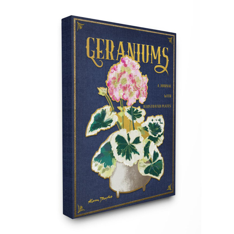 « geraniums blue gold fleur word » par karen dreyfus-impression sur image, H 20 po x l 16 po x P 1,5 po, Toile tendue