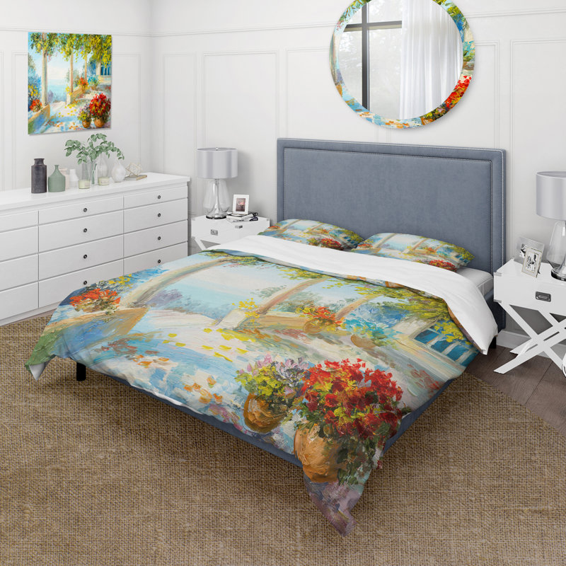 Ensemble de housse de couette nautique et côtier Terrace près de la mer avec fleurs rouges - Polyester en microfibre
