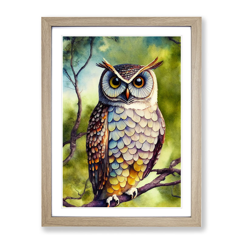 Owl upon a Branch No.3 - Framed Print, 34cm H x 25cm W x 2cm D, Oak