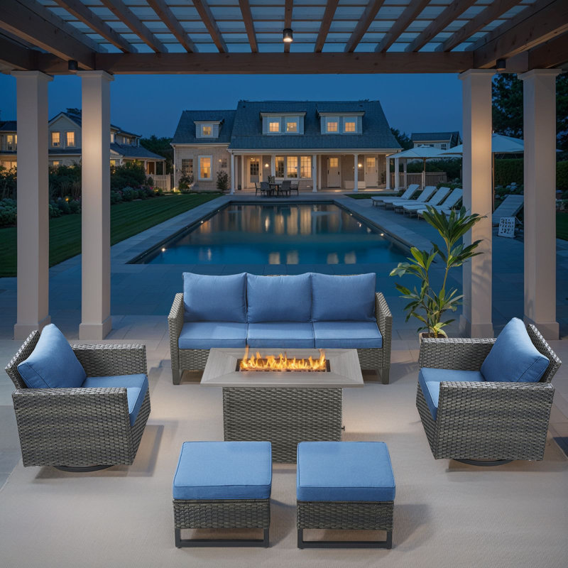 Hansencamp 7 - Person Outdoor Seating Group With 41" Fire Pit With Swivel Glide Chair And Cushions, Gray, Blue