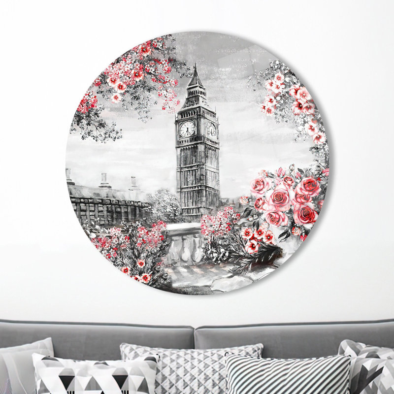 Superbe art mural en verre abstrait avec des motifs floraux emblématiques de Big Ben pour une décoration intérieure unique