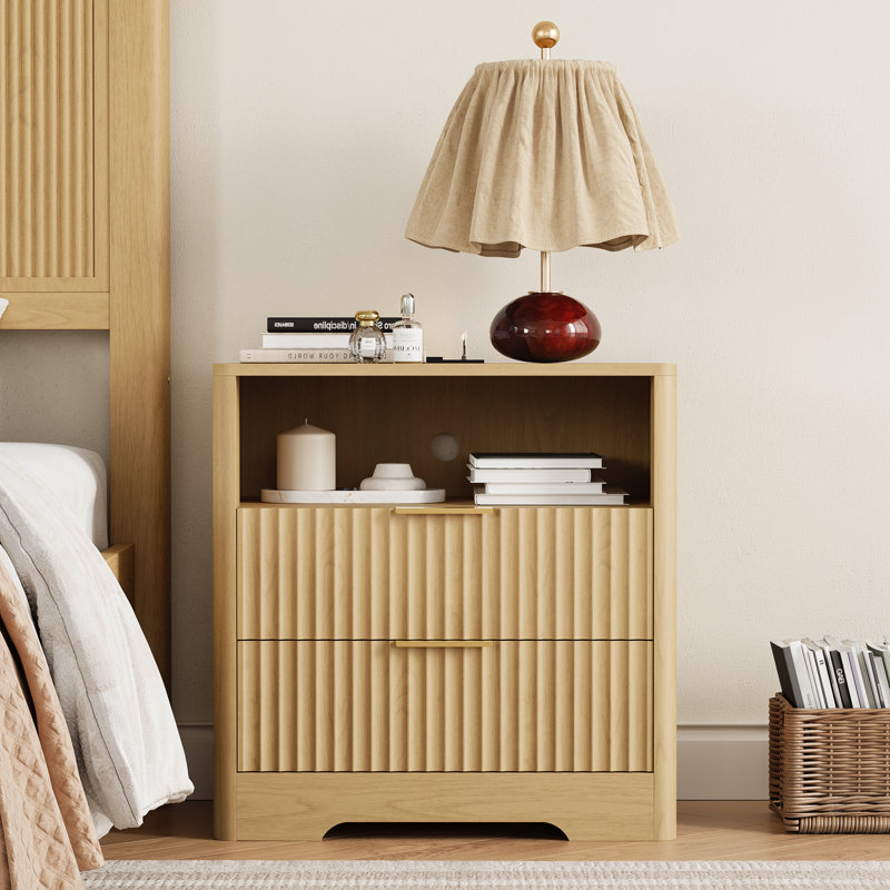 Fluted Smart Nightstand With Charging Station, Voice-Controlled Led Light, Bedside Table With Shelf And Cabinet, Natural