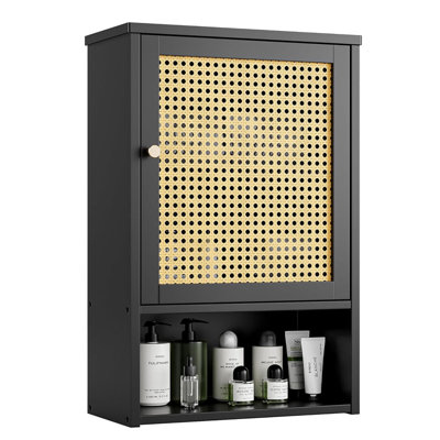 Armoire de salle de bain murale en bambou avec portes en rotin et tablette réglable, rangement suspendu pour la salle de bain, la cuisine et la buanderie