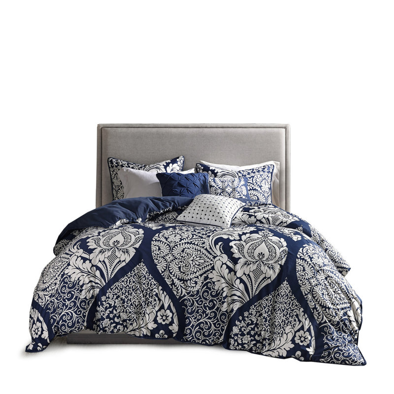 Literie pour grand lit Indigo - 7 pièces avec motif d'édredon en coton
