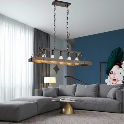 34" Black and Walnut Wood Grain Pendant Light - 5 E26 Bulb Sockets with Adjustable Chain Height