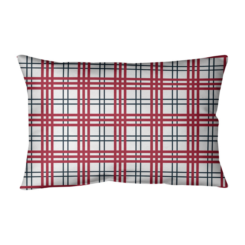 Plaid Leather/Suede Reversible Throw Pillow, White/Deep Steel Blue/Battle Red, Cotton Blend