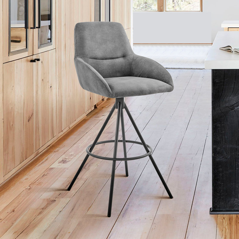 Davud Modern Black Matte Metal Counter or Bar Height Bar Stool with Charcoal Fabric Seat, Counter Stool (26” Seat Height)