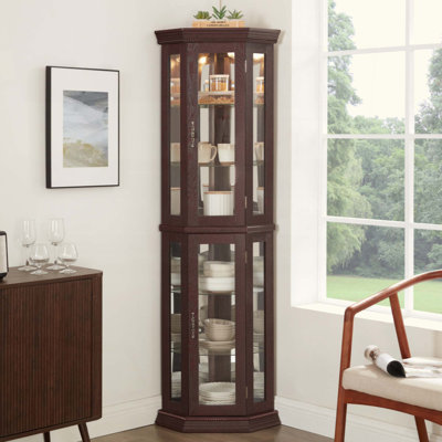 Vitrine de coin lumineuse - étagère en verre avec portes en verre trempé, tablettes réglables et ampoule à perles incluse - armoire de bar idéale pour la décoration intérieure