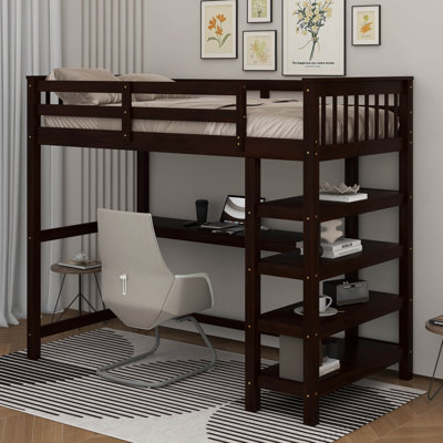 Lit mezzanine avec tablettes de rangement et bureau sous le lit