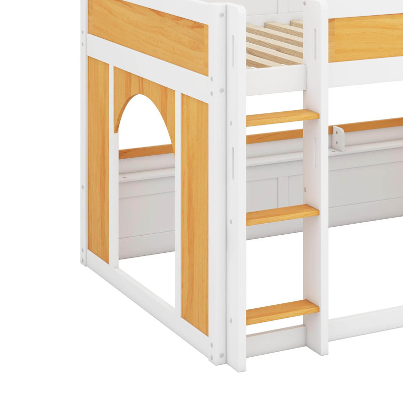 Lit superposé double au-dessus de double avec tablettes de rangement, fenêtre et deux portes, Double sur double