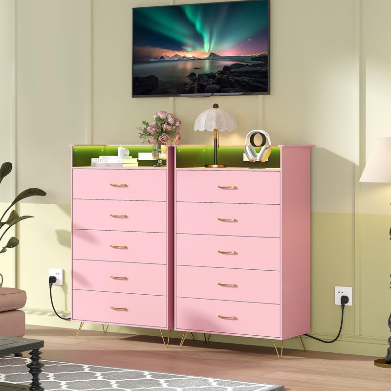 App Controlled LED Dresser with Charging Station & Music Sync, Tall 5-Drawer Storage Cabinet for Bedroom, Living Room