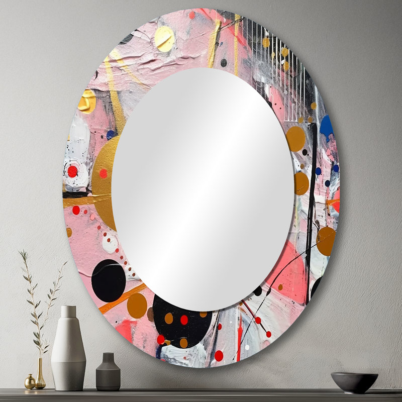 Pink And Grey Geometric II - Abstract Oval Decorative Mirror On Metal, 43" x 33"