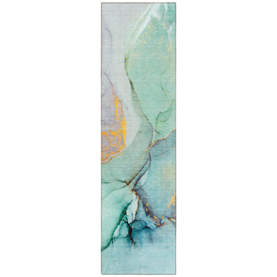 8' Runner Teal Abstract Washable Non Skid Indoor Outdoor Runner Rug