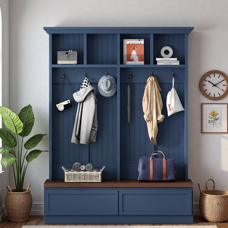 Farmhouse Hall Tree With Wood Grain Bench, Coat Rack, 2 Large Drawers And Open Storage Space