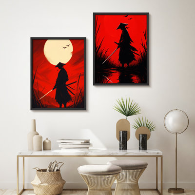 Ensemble de 2 reproductions d'art encadrées «Red Moon Samurai» encadrées par un Guerrier japonais audacieux pour un décor moderne de salon ou de salle de jeux