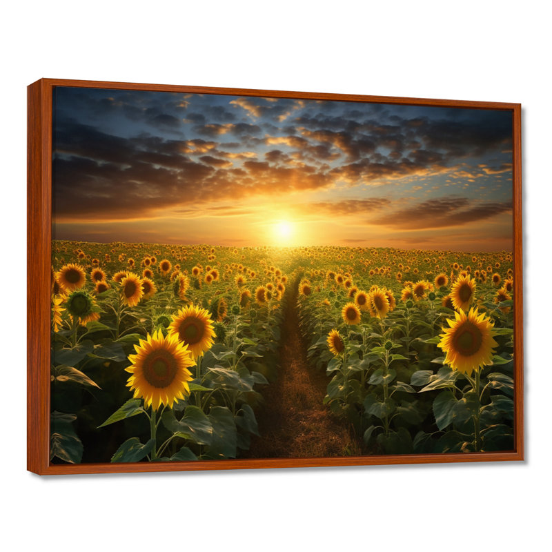 Tournesol doré panoramique - décoration murale florale, H 24 po x l 32 po x P 1 po, Cadre flottant brun