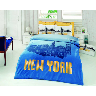 Ensemble de housse de couette 4 pièces en mélange de coton bleu / jaune / blanc Newsom