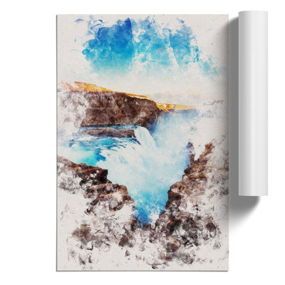 A Waterfall in Iceland Watercolour - Frameless Print