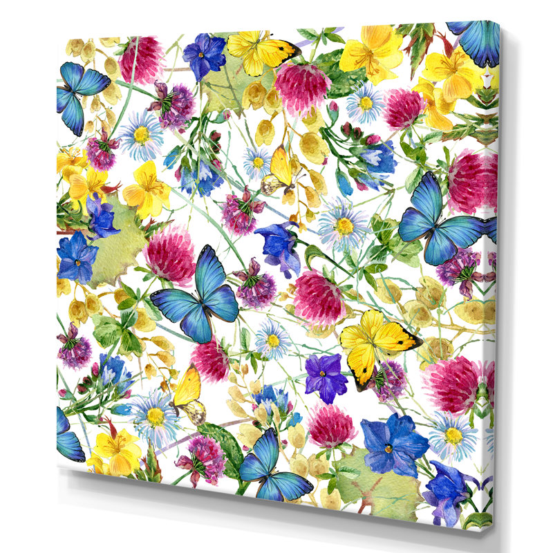 Herbes et fleurs avec papillon, H 16 po x l 16 po x P 1 po, Toile tendue