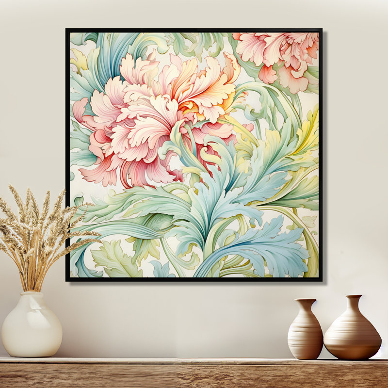 Dahlia pastel botanique en rose pastel et vert - fleurs, art mural, Toile avec cadre flottant noir