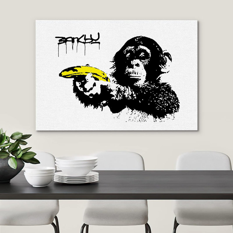Singe Banksy avec banane, Toile tendue, H 32 po x l 48 po x P 1,5 po