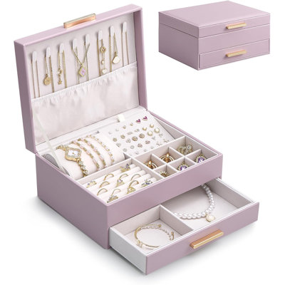 Organisateur de boîte à bijoux 2 couches, support de boîte de rangement de bijoux avec tiroirs - mauve