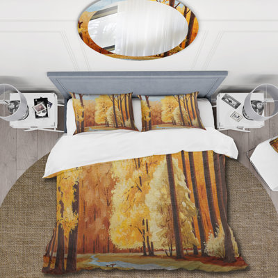 Orange Autumn Trees At Dawn - Ensemble de housse de couette Farmhouse - Microfibre de polyester