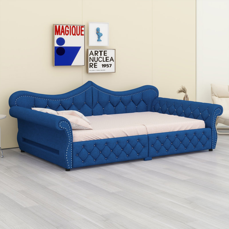 Upholstered Daybed with Built-in LED Lights and Stylish Nail Head Decoration, Blue