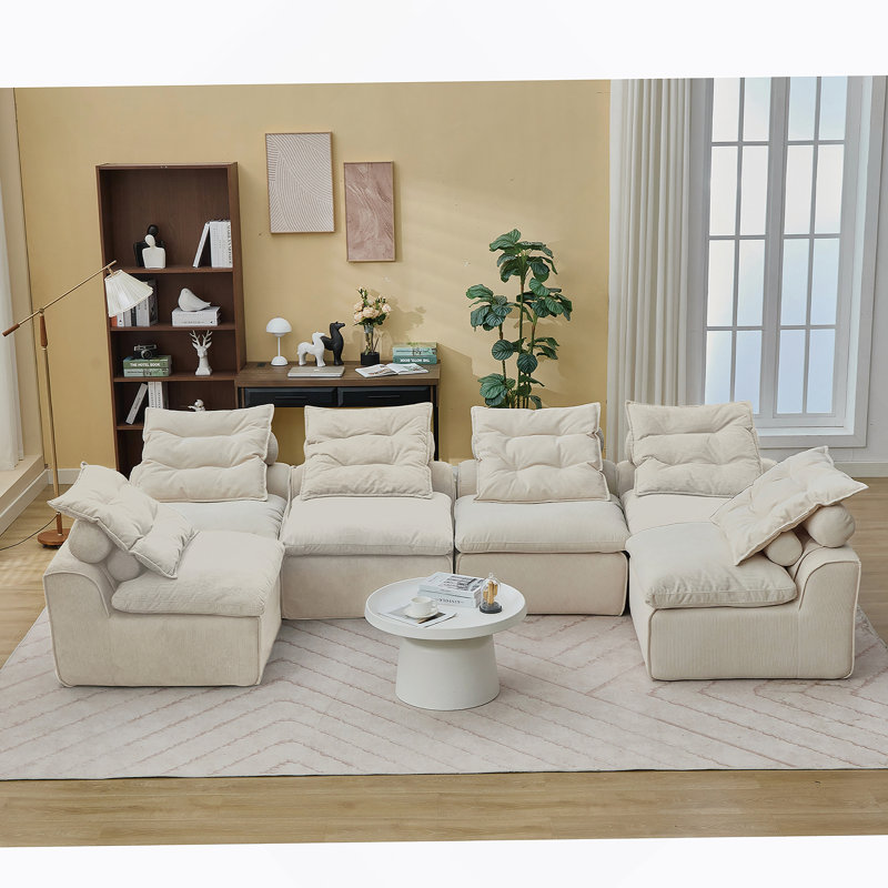 Canapé modulaire polyvalent avec revêtement en velours côtelé et coussins multiples pour la détente, Beige