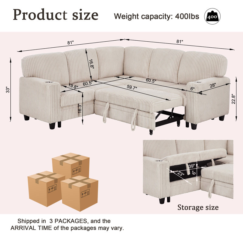 Canapé-lit modulaire en L avec lit escamotable et rangement, Beige