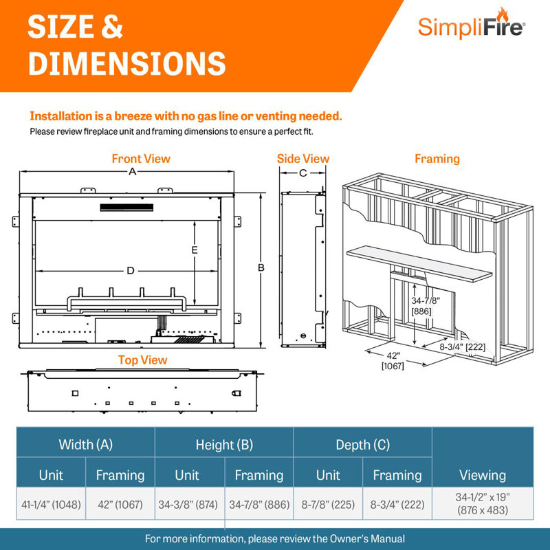 SimpliFire Inception 36-in Electric Fireplace with Decorative Front