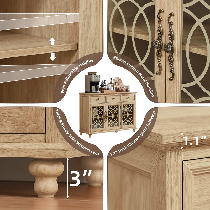 Sideboard Buffet Cabinet With Storage,48" Credenza With 3 Glass Doors & 3 Drawers,Adjustable Shelves Coffee Bar,Wood Kitchen Console Table For Dining Room,Living Room