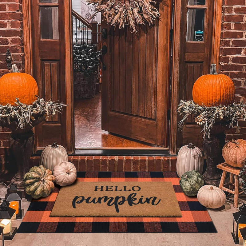 Fall Decor Doormat Combo Set, 100% Coco Coir Welcome Mat Plaid Rug - Fall Thanksgiving Front Porch Entryway Decor Floor Mat, Indoor Outdoors Autumn Mats Hello Pumpkin