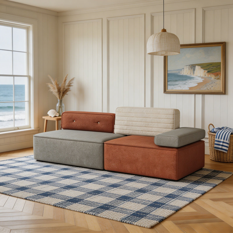Compressed Sofa, Grey & Terracotta Multi-colour Upholstery, Built-in Spring Pack Support, Cushioned Backrests, Compact Living Room Couch For Small Spaces & Apartments