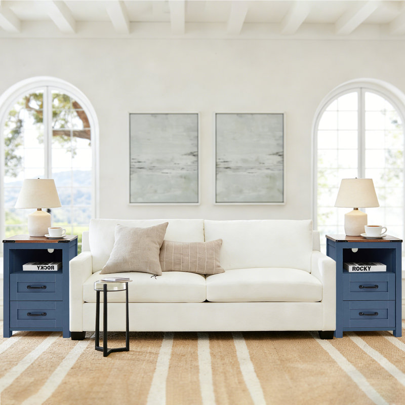 Nightstand with Charging Station,Side Table with 2 Drawers Storage Cabinet for Bedroom, Living Room, Blue, 1