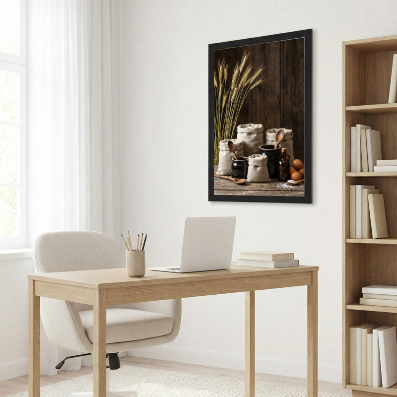 Toile noire encadrée en bois noir pour salon, chambre à coucher, bureau ou vestibule - décoration murale décorative avec cuisine rustique