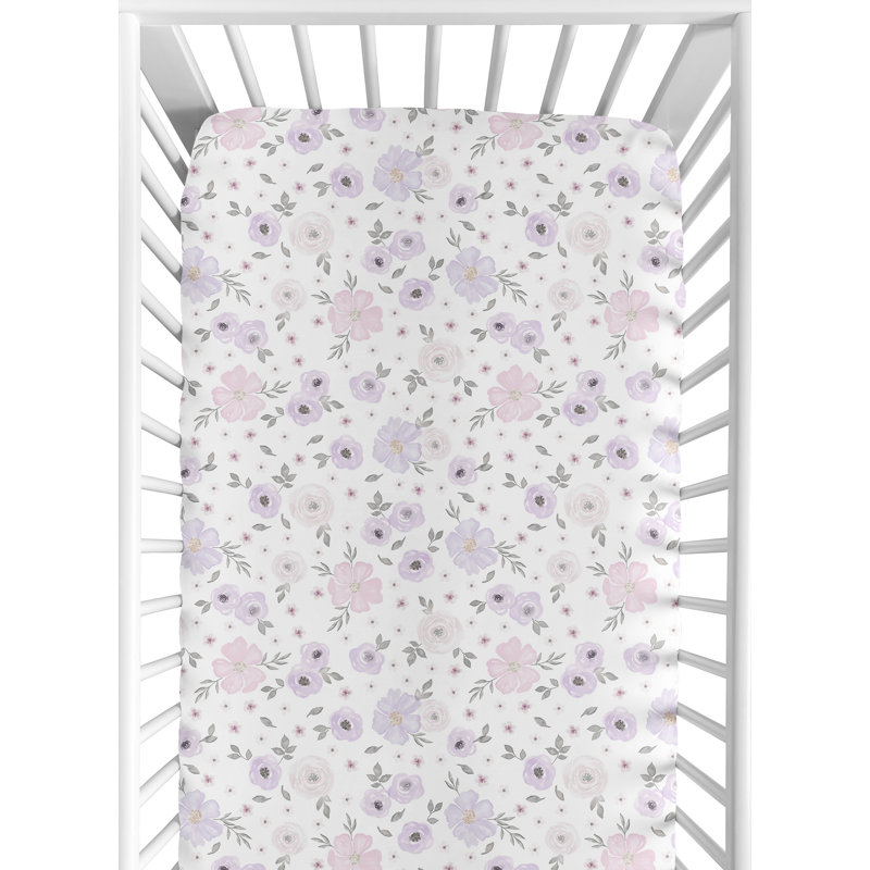 Drap-housse pour lit de bébé floral en aquarelle, Lavande / gris