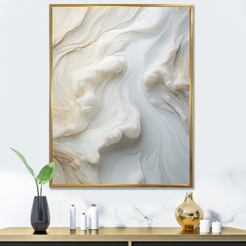 Abstrait blanc laiteux II - Art mural abstrait sur toile, Cadre flottant doré, H 32 po x l 16 po x P 1 po