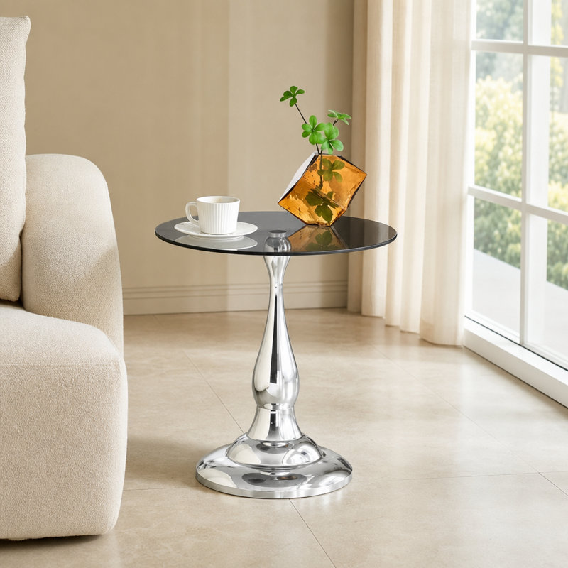 Table d'appoint ronde moderne avec plateau en verre trempé et base en métal robuste, conception peu encombrante