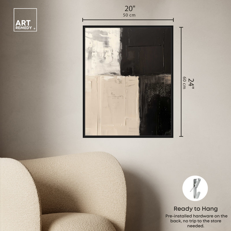 Abstract Black and Beige Canvas Wall Art with Black Frame, 25" x 21"