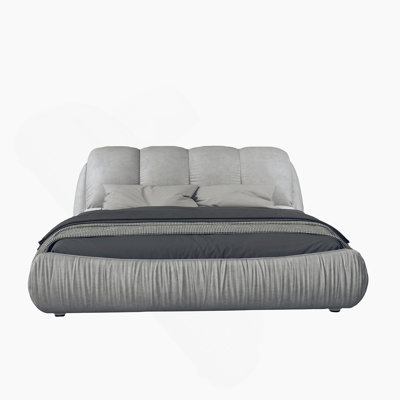 Upholstered Platform Bed with Oversized Padded Backrest, Thickening Pinewooden Slats