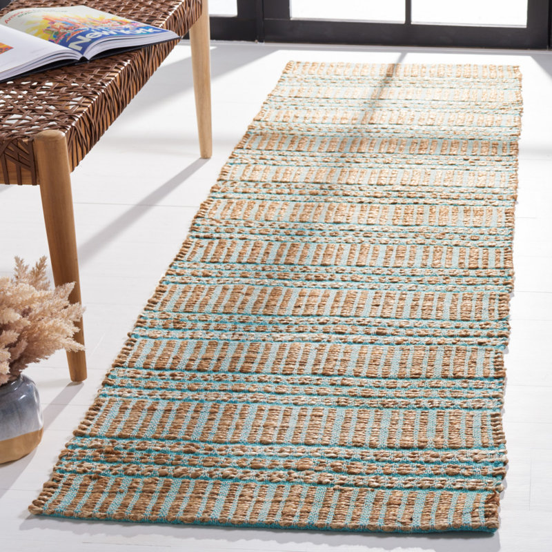 Sekani Natural Fiber Flat Weave Jute/Cotton Striped Rug in Teal/Natural, Runner 2'3" x 8'